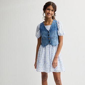 Girls 7-16 Knit Works 2 pc Western Vest & Squareneck Baby Doll Dress Set in Regular & Plus Size