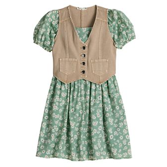 Girls 7-16 Knit Works 2 pc Western Vest & Squareneck Baby Doll Dress Set in Regular & Plus Size