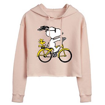 Juniors' Peanuts Snoopy & Woodstock Riding Bike Cropped Hoodie