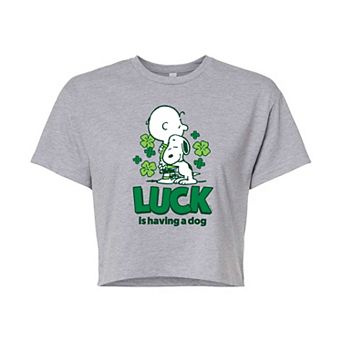 Juniors' Peanuts Snoopy Luck Is Having A Dog Cropped Tee
