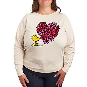 Plus Size Peanuts Woodstock Floral Heart French Terry Long Sleeve Tee