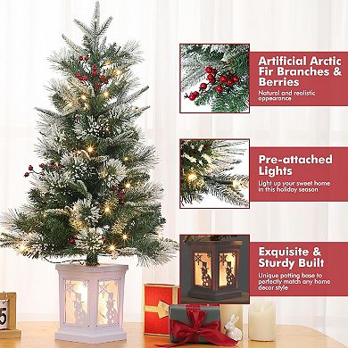 3FT Artificial Mini Christmas Tree with 78PCS 8 Mode Warm White Light Beads, Red Berry,2PCS