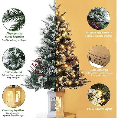3FT Artificial Mini Christmas Tree with 78PCS 8 Mode Warm White Light Beads, Red Berry,2PCS