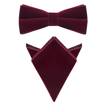 Men's Velvet Adjustable Pre-Tied Bow Tie Solid Color Pocket Square Set for Formal