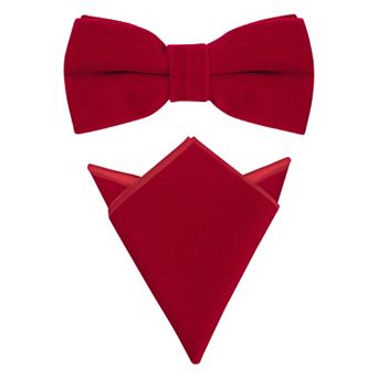 Men's Velvet Adjustable Pre-Tied Bow Tie Solid Color Pocket Square Set for Formal