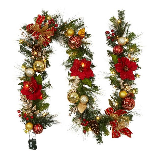 Christmas Garland For Outdoor Decor, 6FT Christmas Garland With Ball Ornaments Flowers Pine Cones For Fireplace Stairs Mantle, Red And White