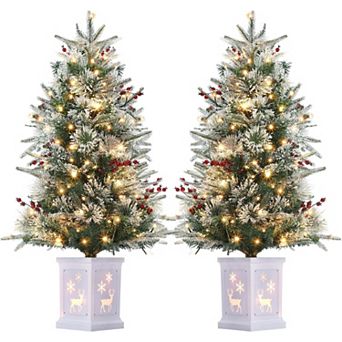 3FT Artificial Mini Christmas Tree with 78 pc 8 Mode Warm White Light Beads, Red Berry, 2 pc