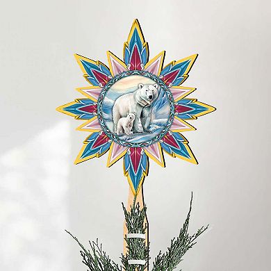Polar Bear with Cub Star Tree Topper Wooden Decor by G. Debrekht