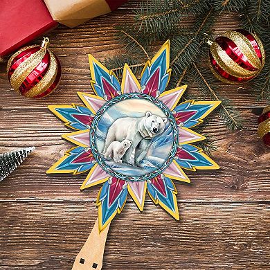 Polar Bear with Cub Star Tree Topper Wooden Decor by G. Debrekht