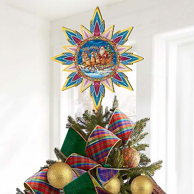 Santa on the Sleigh Star Tree Topper Wooden Decor by G. Debrekht