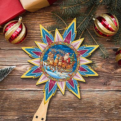 Santa on the Sleigh Star Tree Topper Wooden Decor by G. Debrekht