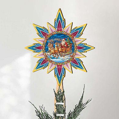 Santa on the Sleigh Star Tree Topper Wooden Decor by G. Debrekht