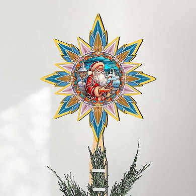 Santa with Cardinal Star Tree Topper Wooden Decor by G. Debrekht
