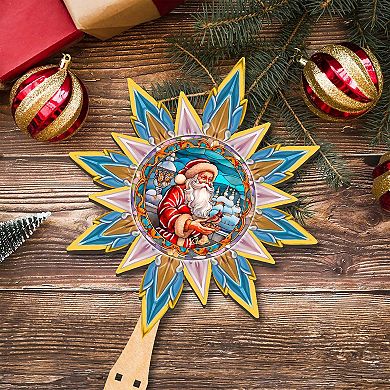 Santa with Cardinal Star Tree Topper Wooden Decor by G. Debrekht
