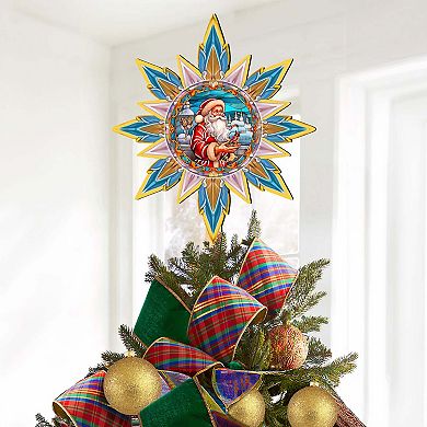 Santa with Cardinal Star Tree Topper Wooden Decor by G. Debrekht