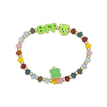 Care Bears Gold Tone Multi Color Beaded Good Luck Bear "BFF" Clover Stretch Bracelet