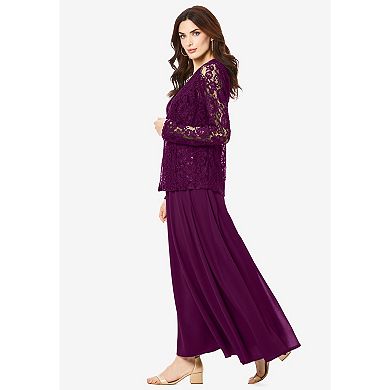 Roaman's Women's Plus Size Plus-Size 2 Piece Long Sleeve Embellished Lace Jacket And Full Gown