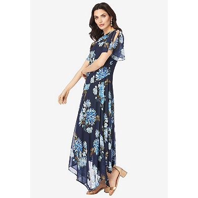 Roaman's Women's Plus Size Floral Sequin Flutter-Sleeve Gown Handkerchief-Hem Maxi Dress