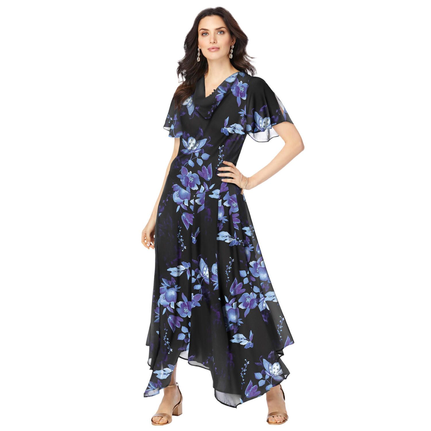Женские платья Roaman's Plus Size Floral Sequin Flutter-Sleeve Gown Handkerchief-Hem Maxi Dress