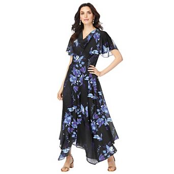 Roaman's Women's Plus Size Floral Sequin Flutter-Sleeve Gown â€“ Handkerchief-Hem Maxi Dress