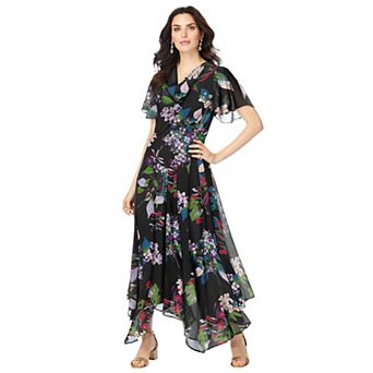 Roaman's Women's Plus Size Floral Sequin Flutter-Sleeve Gown Handkerchief-Hem Maxi Dress