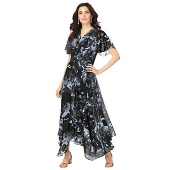 Roaman's Women's Plus Size Floral Sequin Flutter-Sleeve Gown Handkerchief-Hem Maxi Dress