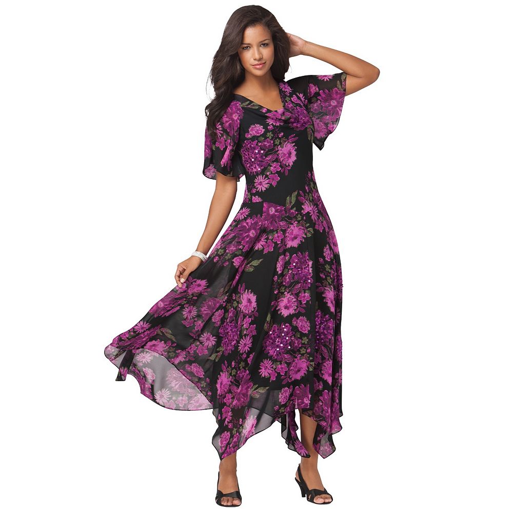 Plus Size Women's Plus Size Floral Sequin Flutter-Sleeve Gown - Handkerchief-Hem Maxi Dress by Roaman's in Black Sequin Floral (Size 36 W)