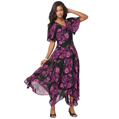 Roaman's Plus Size Floral Sequin Flutter-Sleeve Gown  Handkerchief-Hem Maxi Dress - 36 W, Black Sequin Floral