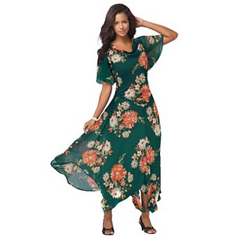 Roaman's Women's Plus Size Floral Sequin Flutter-Sleeve Gown Handkerchief-Hem Maxi Dress