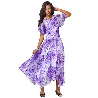 Roaman's Women's Plus Size Floral Sequin Flutter-Sleeve Gown Handkerchief-Hem Maxi Dress