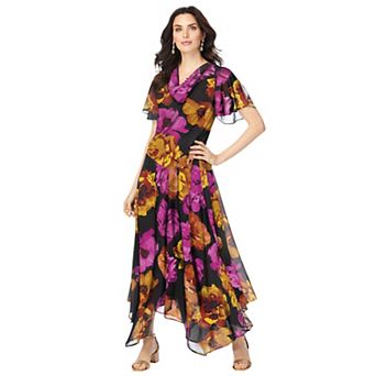 Roaman's Women's Plus Size Floral Sequin Flutter-Sleeve Gown Handkerchief-Hem Maxi Dress