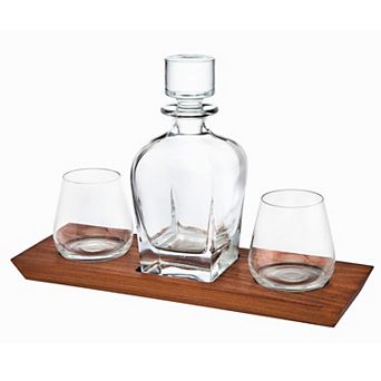 Godinger Silver Whiskey Decanter & Whiskey Glasses Bar Set on Wooden Display Tray
