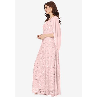 Roaman's Women's Plus Size Plus-Size Allover Lace Gown With Capelet