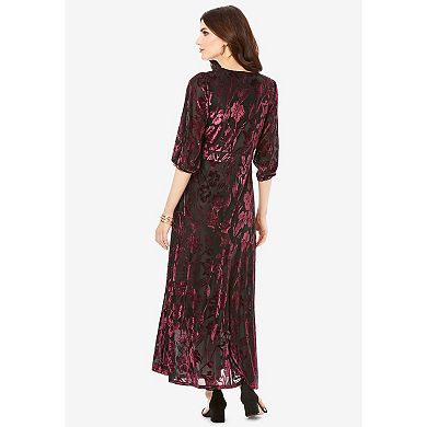 Roaman's Women's Plus Size Plus-Size Velvet 3/4 Sleeve Burnout Overlay Dress With Sheer Sleeves