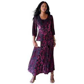 Roaman's Women's Plus Size Plus-Size Velvet 3/4 Sleeve Burnout Overlay Dress With Sheer Sleeves