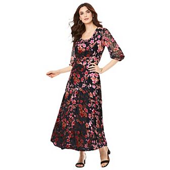 Roaman's Women's Plus Size Plus-Size Velvet 3/4 Sleeve Burnout Overlay Dress With Sheer Sleeves