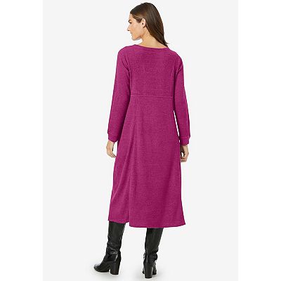 thermal knit a line dress Womens Pure Cashmere Cable Knit A-Line Long Sleeve Crew Neck Dress