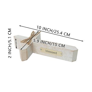 Parisloft Blessed White Washed Wood Cross Tabletop Decor, Farmhouse Decor, 10" W x 5.875" D x 2" H