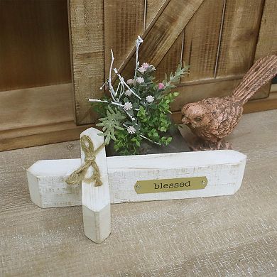 Parisloft Blessed White Washed Wood Cross Tabletop Decor, Farmhouse Decor, 10" W x 5.875" D x 2" H