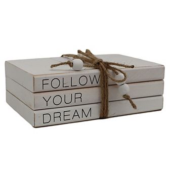 Parisloft Decorative White Wood Stacked Books - Follow Your Dream, 3.1"H