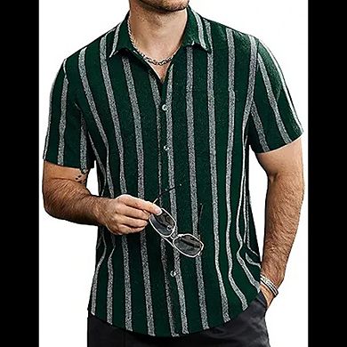 Men’s Summer Striped Button-Down Shirt Short Sleeve Vintage Beach Hawaiian