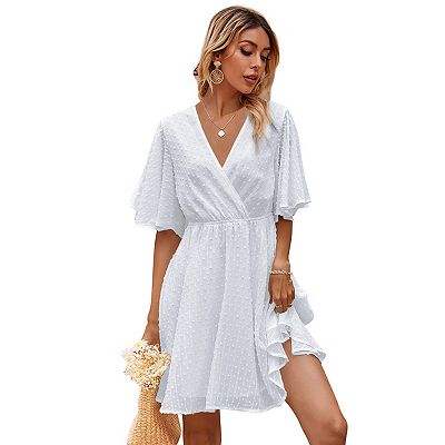 Women V Neck Short Dress Long Sleeve Flowy Casual SwissDot