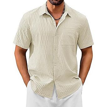 Men’s Short Sleeve Button-Down Shirt Casual Textured Lightweight Summer Beach