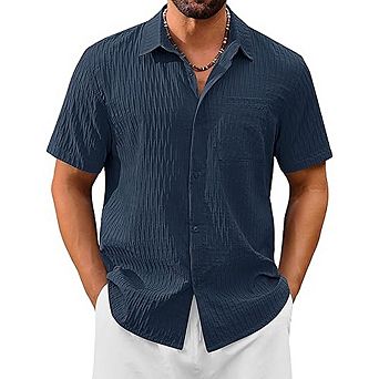 Men’s Short Sleeve Button-Down Shirt Casual Textured Lightweight Summer Beach