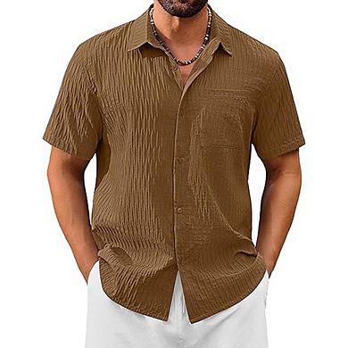 Men’s Short Sleeve Button-Down Shirt Casual Textured Lightweight Summer Beach