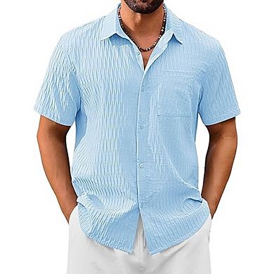 Men’s Short Sleeve Button-Down Shirt Casual Textured Lightweight Summer Beach