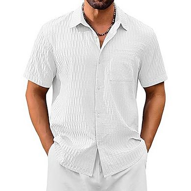 Men’s Short Sleeve Button-Down Shirt Casual Textured Lightweight Summer Beach