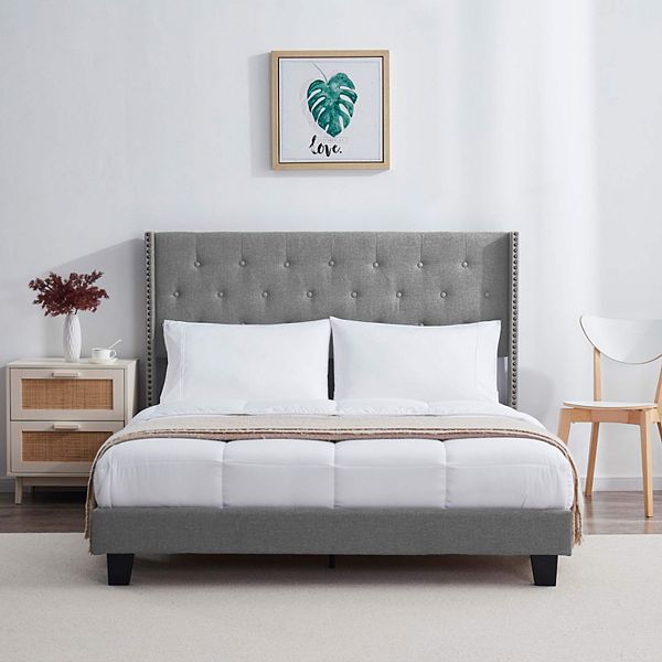 Nestl Wingback Diamond Upholstered Platform Bed Frames - Sliver (QUEEN)