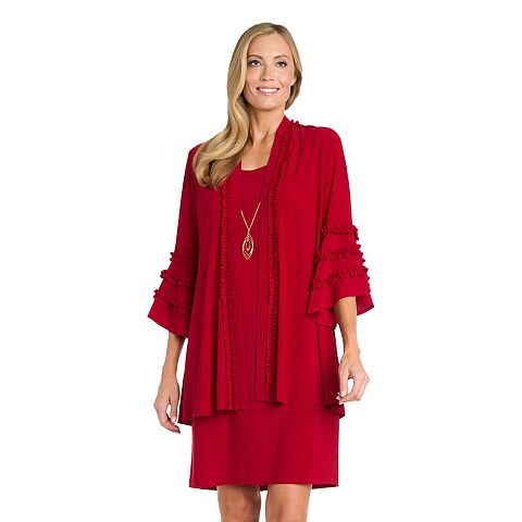 Женские платья R&M Women's R&M Richards 3 pc Ruffle Sleeve Dress, Jacket and Necklace Set
