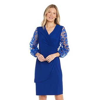 Women's R&M Richards 3D Floral Embroidered Balloon Sleeve Faux Wrap Dress